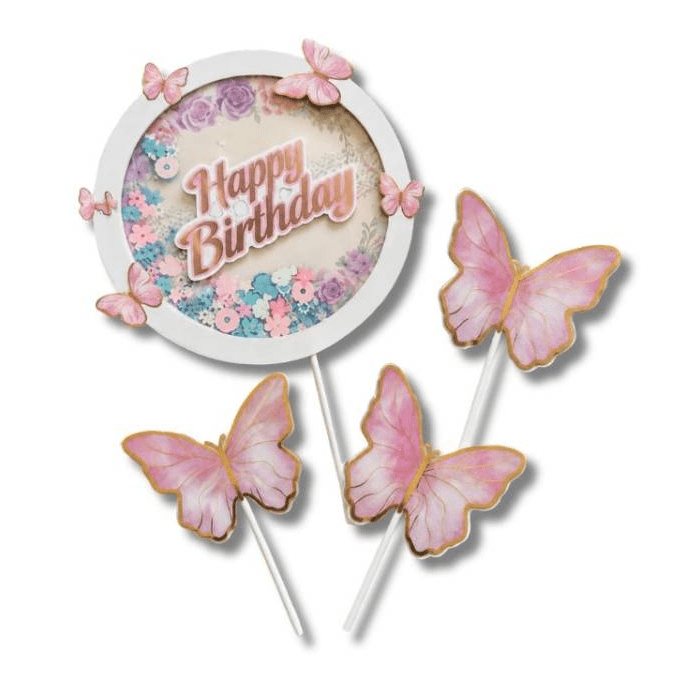 Dekorativní zápich s motýlky a nápisem Happy Birthday (4ks) - Gyertyakovacs