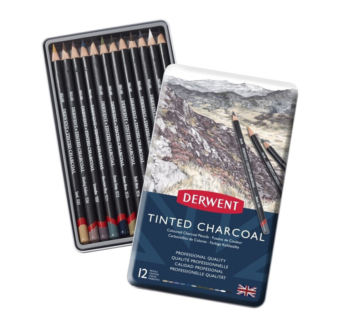 Sada barevných uhlů Tinted Charcoal od Derwentu - 12 pastelek