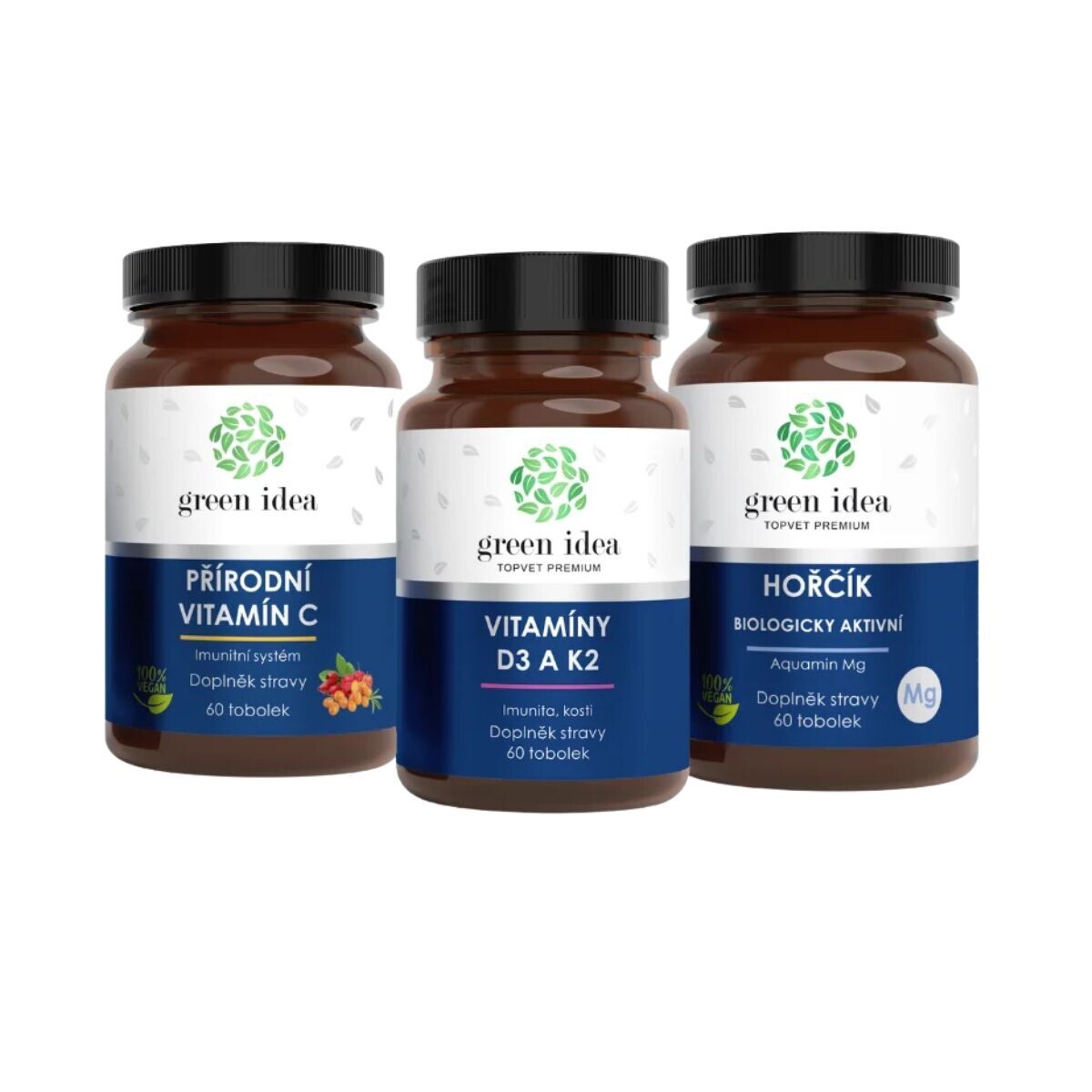 Zvýhodněný set Svaly, kosti a imunita: Hořčík + Vitaminy D3 K2 + Vitamin C – Green idea