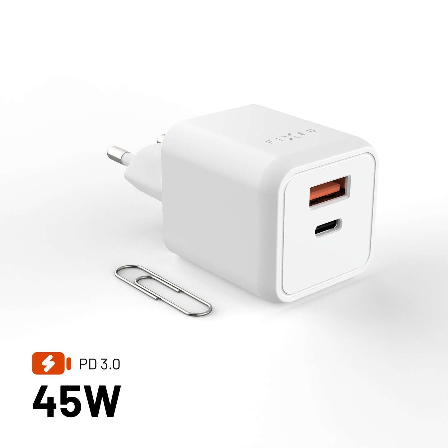 FIXED GaN nabíječka Mini s USB-C a USB výstupem a podporou PD 45W bílá