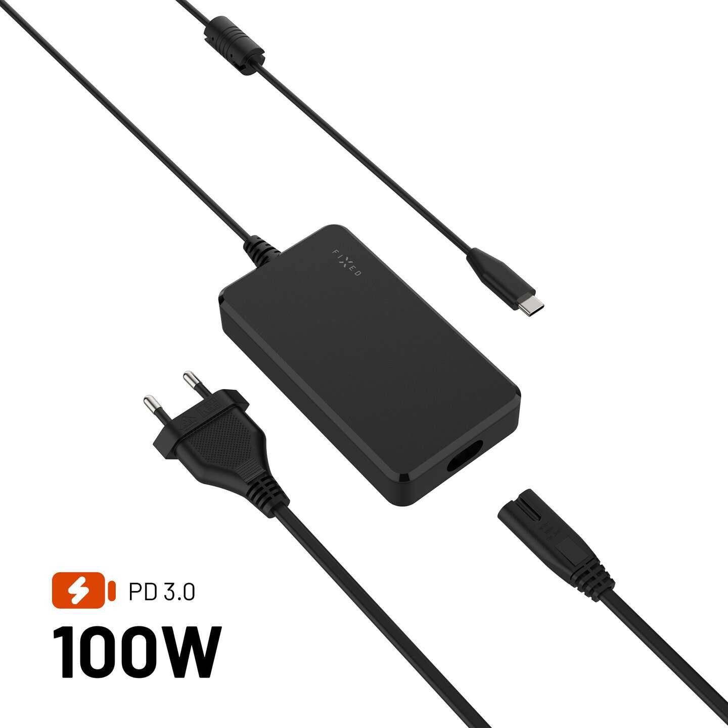 FIXED nabíjecí GaN adaptér pro notebooky s USB-C, podpora PD 3.0, 100W černý