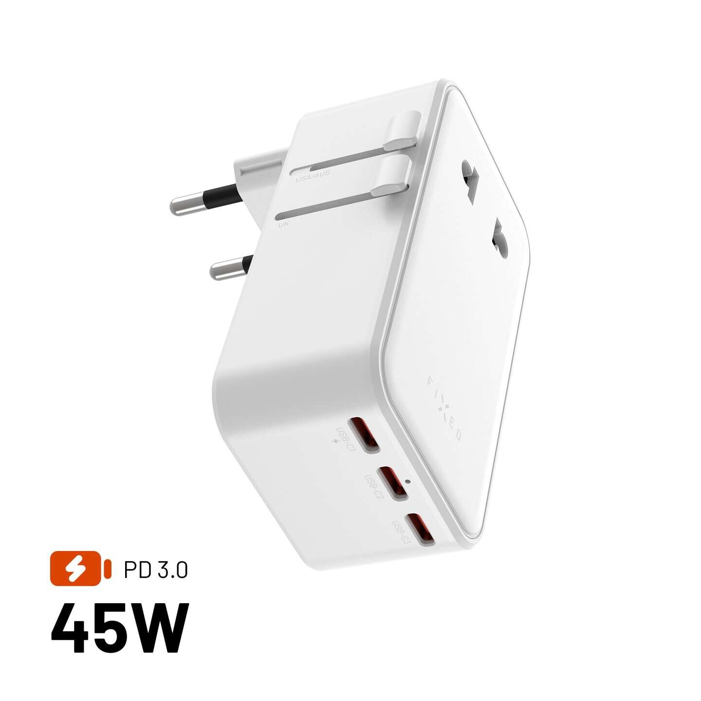 FIXED cestovní adaptér Voyager Slim 45W pro EU, UK a USA/AUS, 3xUSB-C, USB, GaN, PD 45W bílý