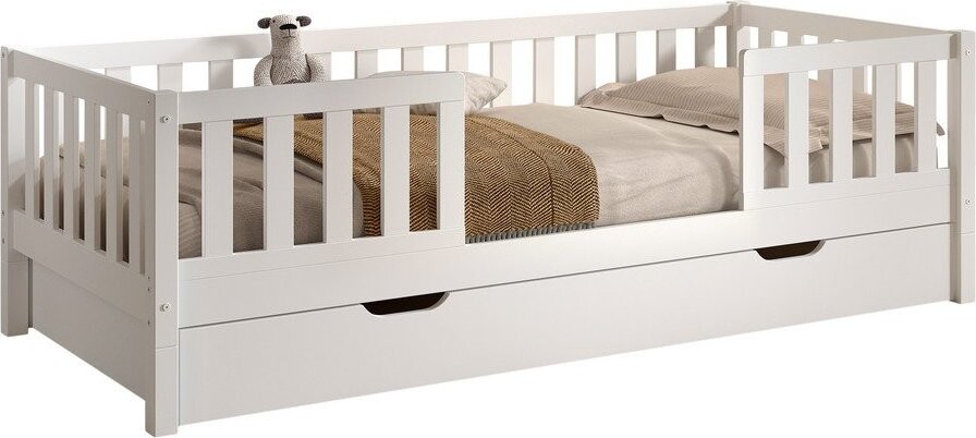 Bílá dětská postel z borovicového dřeva s výsuvným lůžkem s úložným prostorem s roštem 90x200 cm Dallas – Vipack