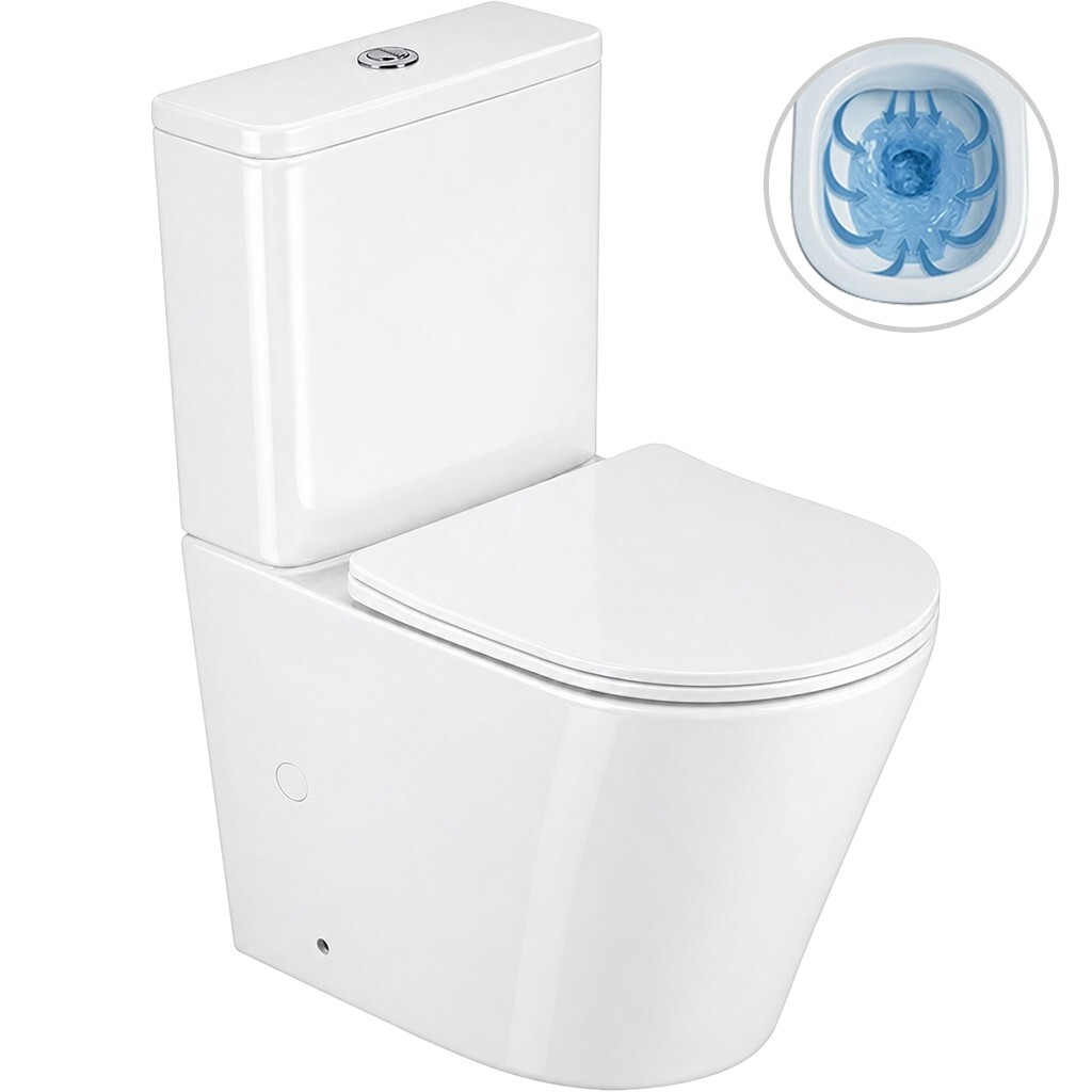 CERANO WC kombi Carlito, Rimless bezokrajové splachování + Slim/SoftClose sedátko spodní/zadní odpad bílá lesklá 61x36,5 CER-417383