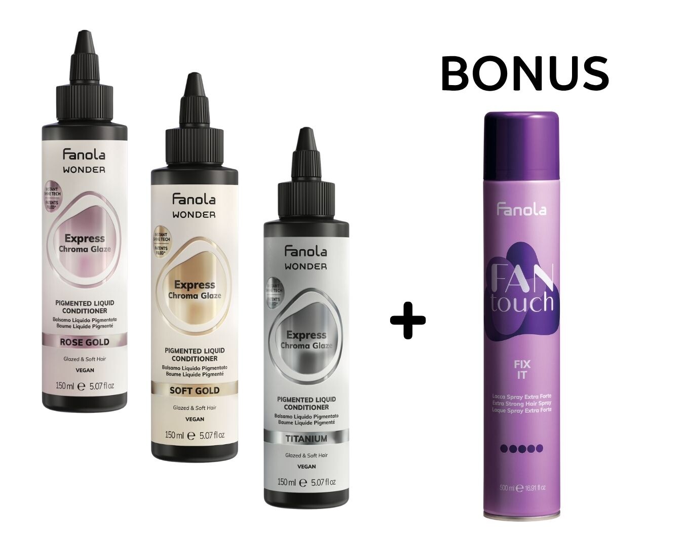 AKCE: 3x Fanola Wonder Express Chroma Glaze - pigmentový tekutý kondicionér, 150 ml + Fix It - lak na vlasy, 500 ml