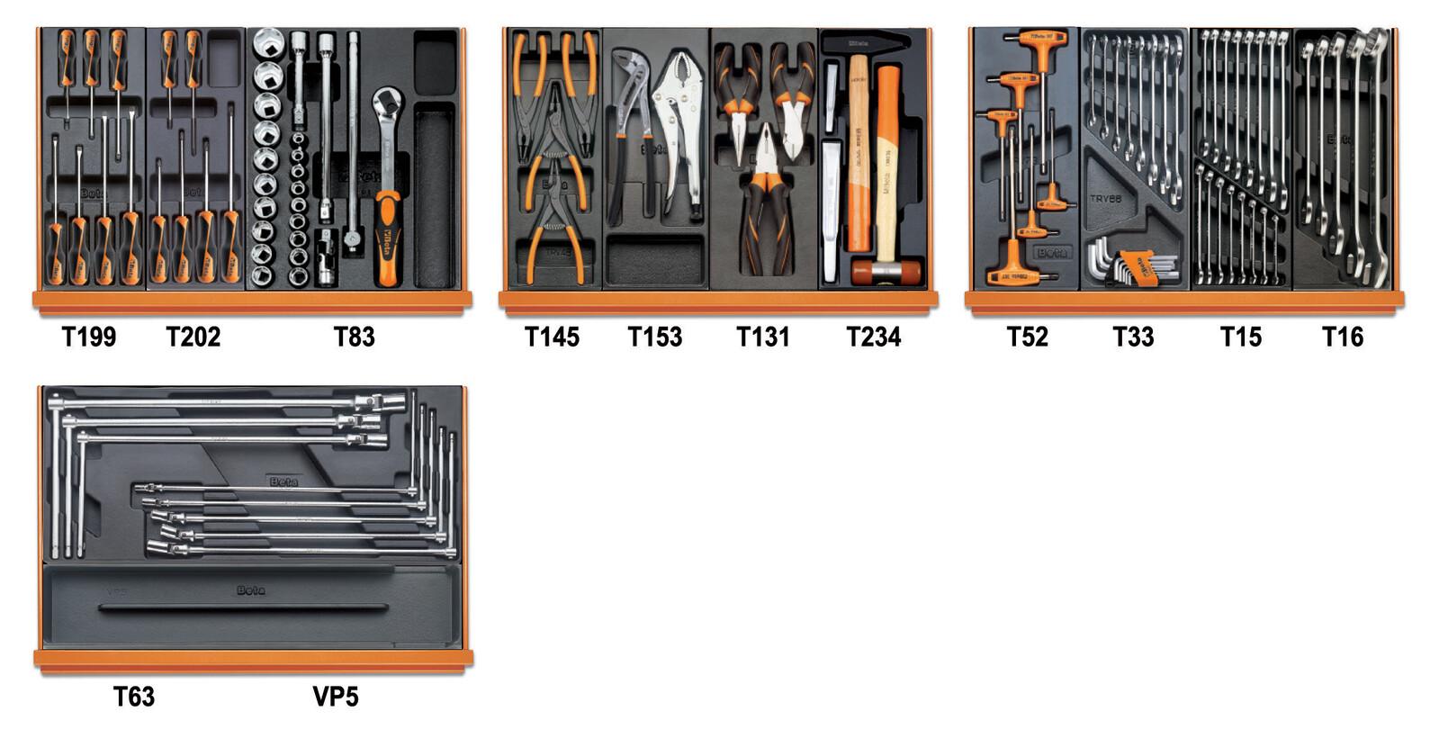 Sada modulů - 102 ks nářadí pro opravu automobilů, 4 plastové moduly - Beta Tools