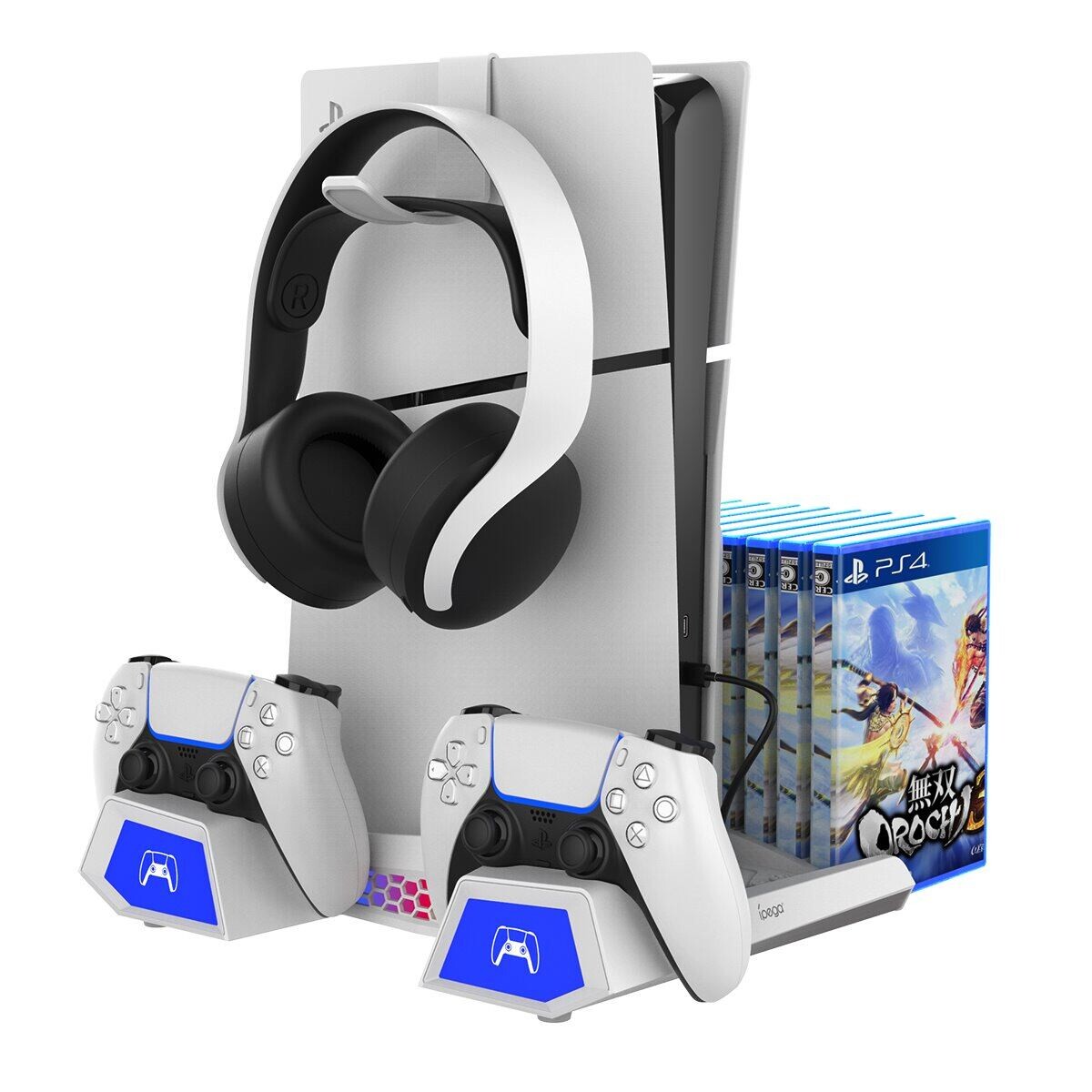 iPega P5S023 Multifunkční Nabíjecí RGB Stojan s Chlazením pro PS5/PS5 Slim/PS5 Pro White PG-P5S023