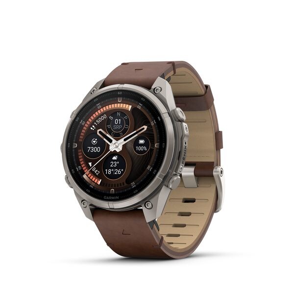 Garmin Fenix® 9 Pro inReach - 47 mm, Titanium s koženým řemínkem Walnut 010-04336-41