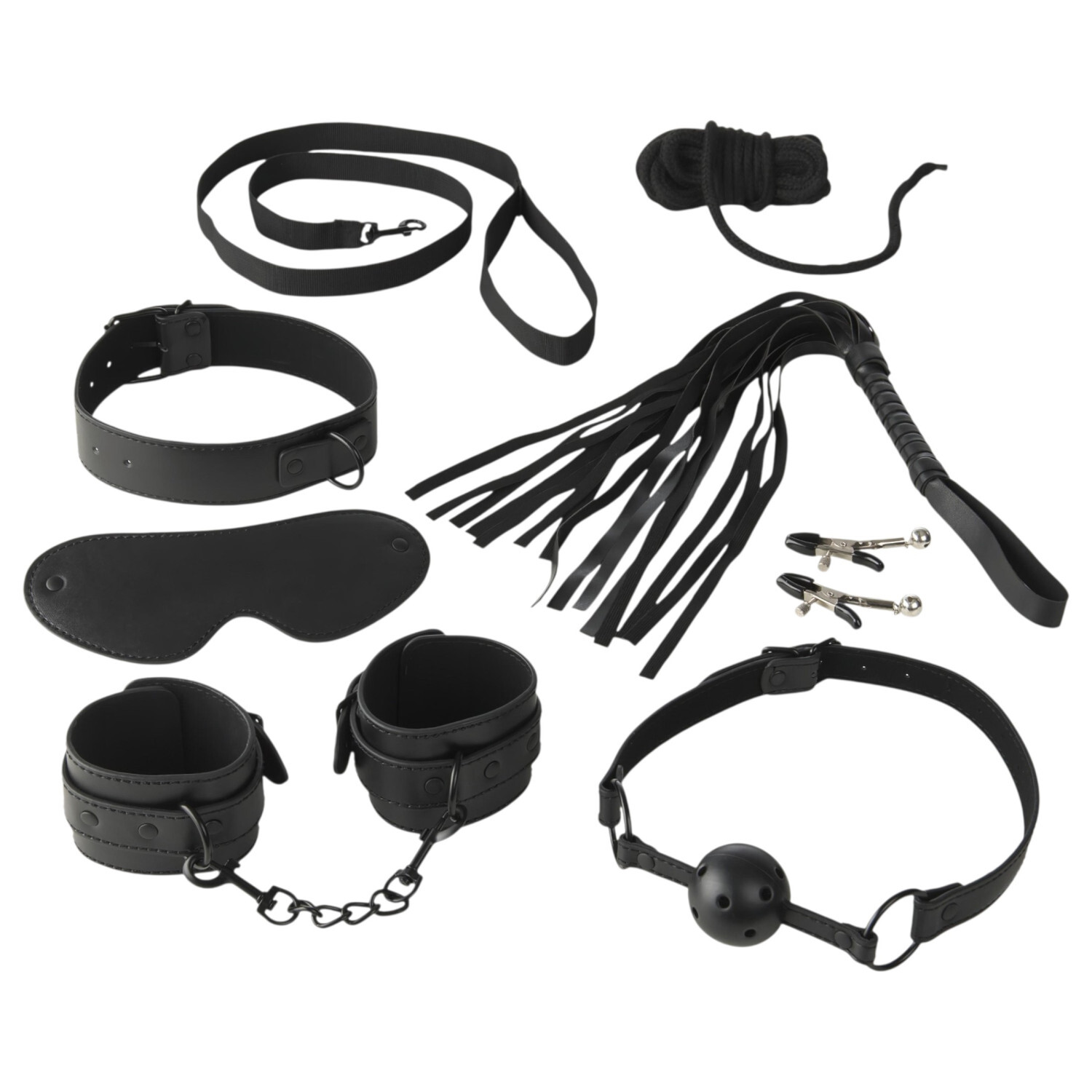 Baseks - sada na bondage s bičíkem a svorkami na bradavky (černá)