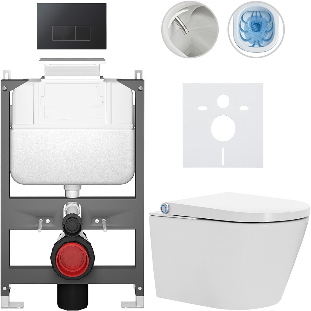 CERANO Závěsné WC s bidetem Basic/Cronus Standard bílá lesklá WC tlačítko Modulo/Černá ovládání shora předstěnová instalace 59,3x38,4 CER-8050BD86455