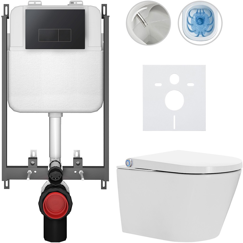 CERANO Závěsné WC s bidetem Basic/Cronus Standard bílá lesklá WC tlačítko Modulo/Černá pro zazdění 59,3x38,4 CER-8050BD86456