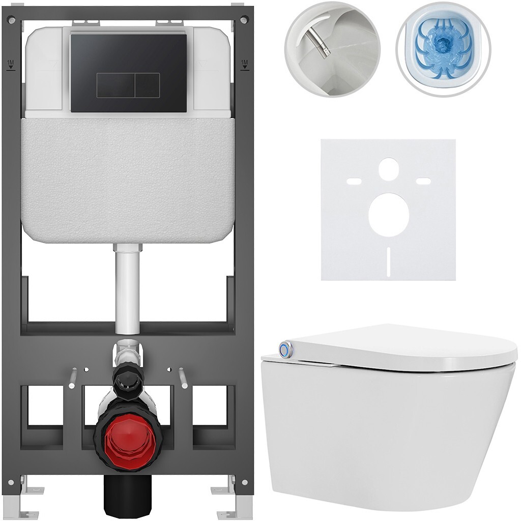 CERANO Závěsné WC s bidetem Basic/Cronus Standard bílá lesklá WC tlačítko Modulo/Černá volně stojící předstěnová instalace 59,3x38,4 CER-8050BD86457