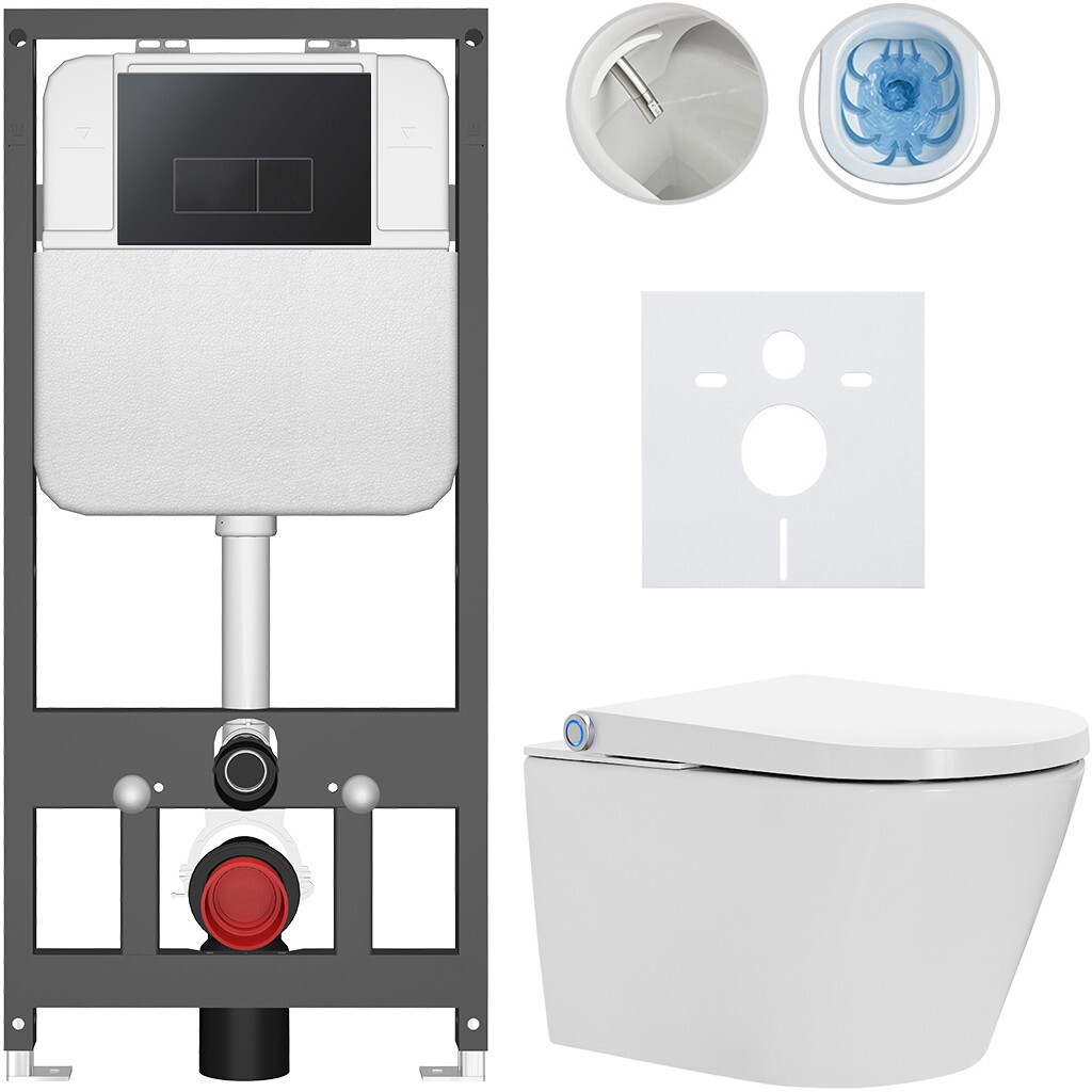 CERANO Závěsné WC s bidetem Basic/Cronus Standard bílá lesklá WC tlačítko Modulo/Černá závěsné předstěnová instalace 59,3x38,4 CER-8050BD86458