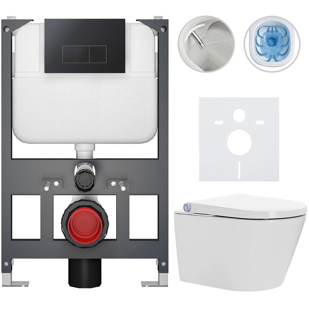 CERANO Závěsné WC s bidetem Basic/Cronus Standard bílá lesklá WC tlačítko Modulo/Černá závěsné nízký modul předstěnová instalace 59,3x38,4 CER-8050BD86459