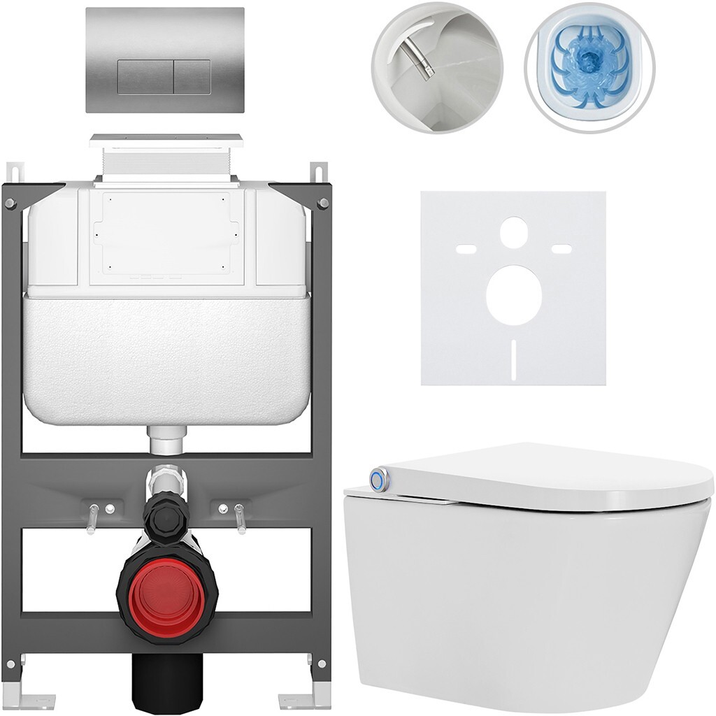CERANO Závěsné WC s bidetem Basic/Cronus Standard bílá lesklá WC tlačítko Modulo/Stříbrná ovládání shora předstěnová instalace 59,3x38,4 CER-8050BD86460