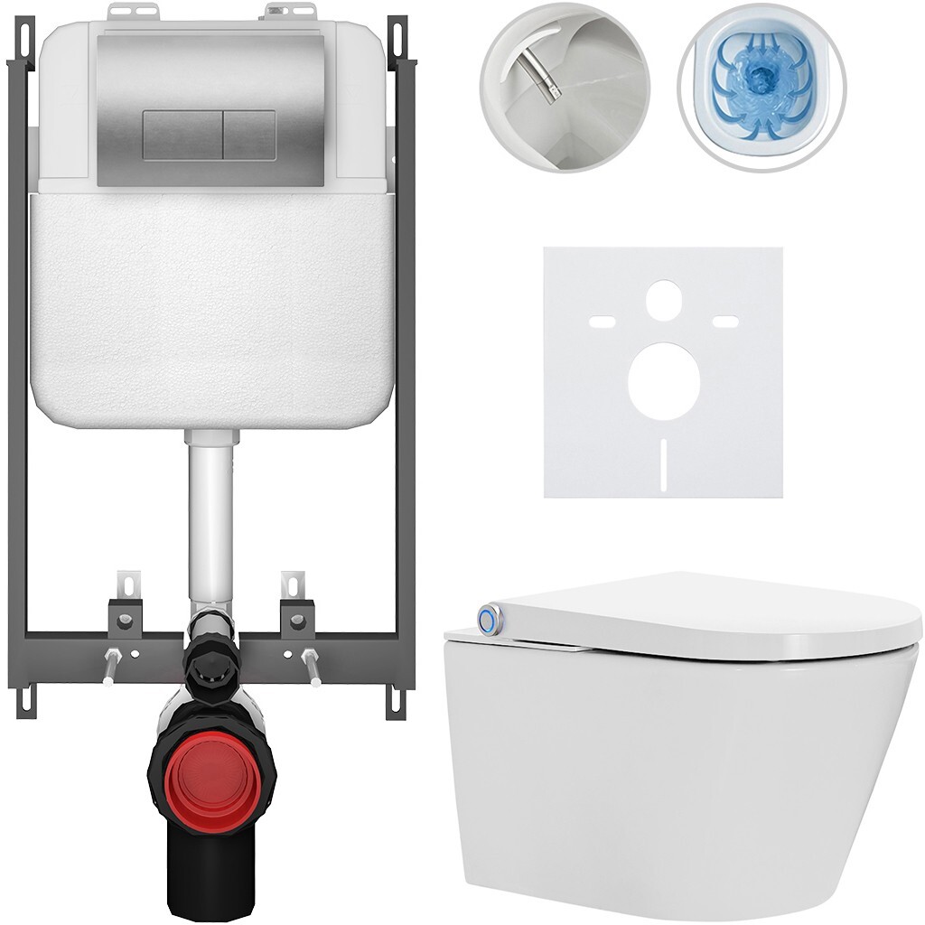 CERANO Závěsné WC s bidetem Basic/Cronus Standard bílá lesklá WC tlačítko Modulo/Stříbrná pro zazdění 59,3x38,4 CER-8050BD86461