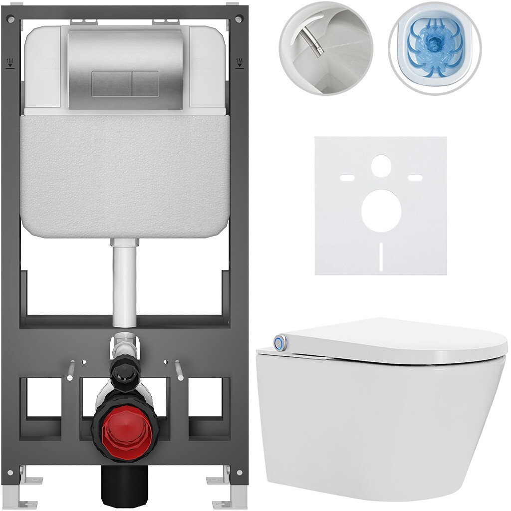 CERANO Závěsné WC s bidetem Basic/Cronus Standard bílá lesklá WC tlačítko Modulo/Stříbrná volně stojící předstěnová instalace 59,3x38,4 CER-8050BD86462