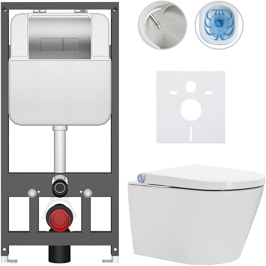 CERANO Závěsné WC s bidetem Basic/Cronus Standard bílá lesklá WC tlačítko Modulo/Stříbrná závěsné předstěnová instalace 59,3x38,4 CER-8050BD86463