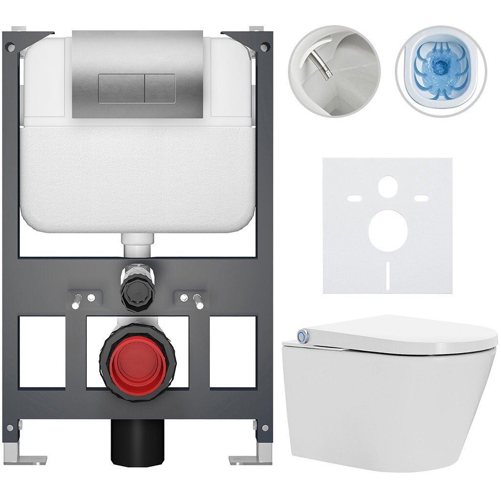 CERANO Závěsné WC s bidetem Basic/Cronus Standard bílá lesklá WC tlačítko Modulo/Stříbrná závěsné nízký modul předstěnová instalace 59,3x38,4 CER-8050BD86464