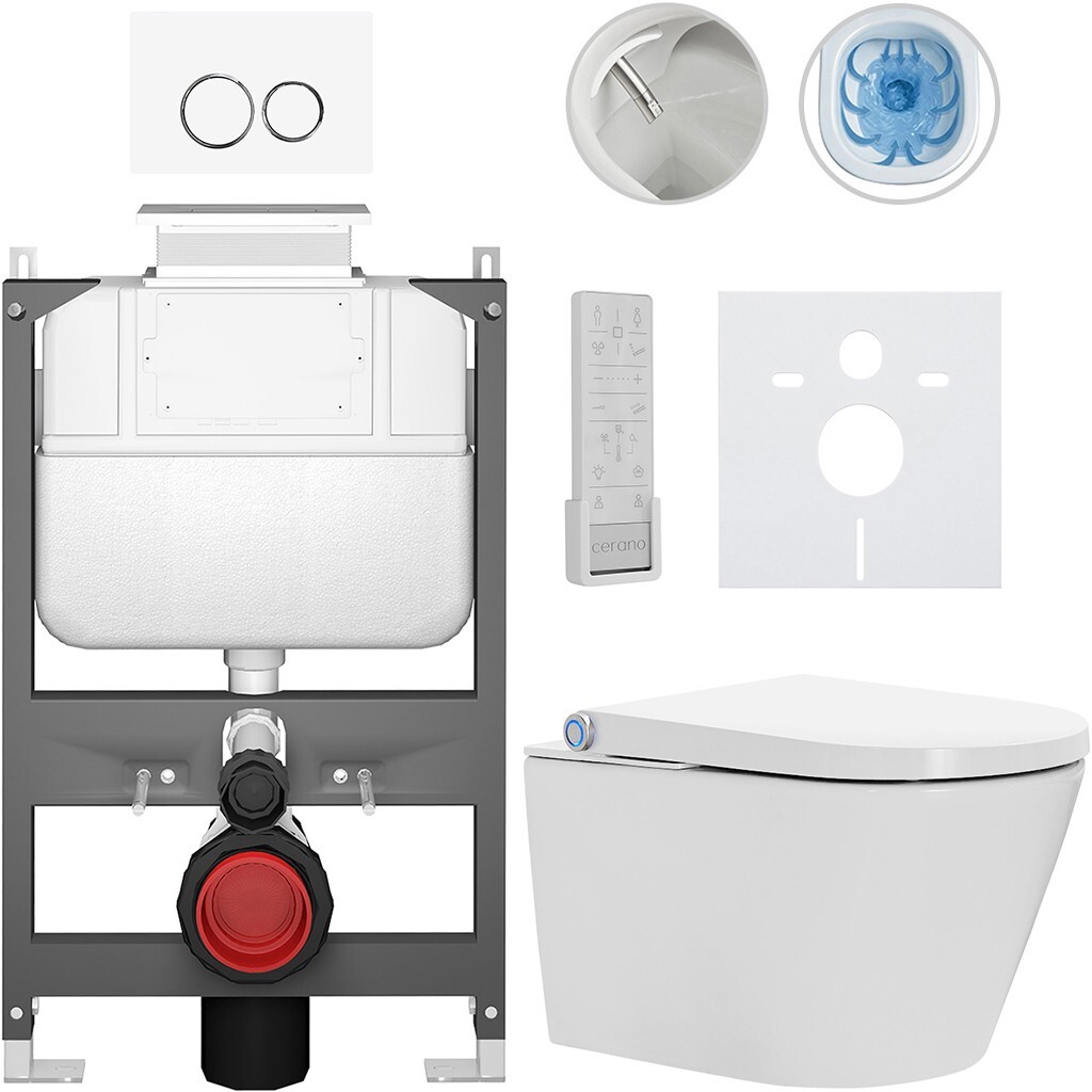 CERANO Závěsné WC s bidetem Basic/Cronus Premium bílá lesklá WC tlačítko Dualo/Bílá ovládání shora předstěnová instalace 59,3x38,4 CER-8050BD86465