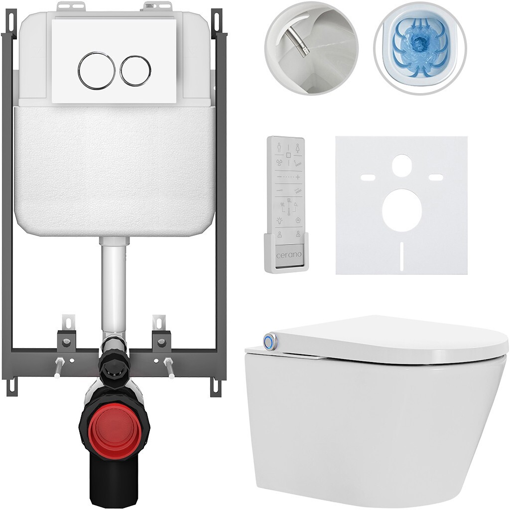 CERANO Závěsné WC s bidetem Basic/Cronus Premium bílá lesklá WC tlačítko Dualo/Bílá pro zazdění 59,3x38,4 CER-8050BD86466