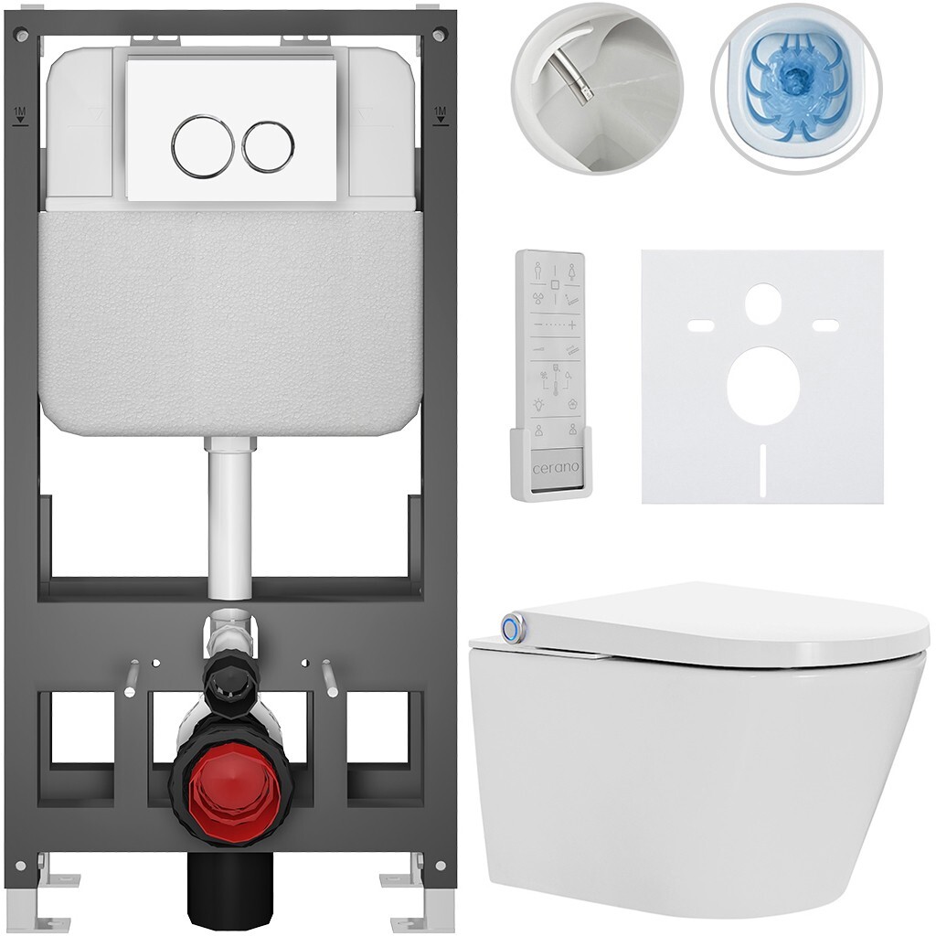 CERANO Závěsné WC s bidetem Basic/Cronus Premium bílá lesklá WC tlačítko Dualo/Bílá volně stojící předstěnová instalace 59,3x38,4 CER-8050BD86467