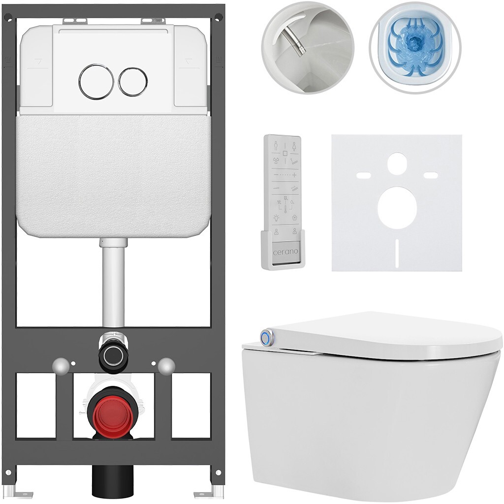 CERANO Závěsné WC s bidetem Basic/Cronus Premium bílá lesklá WC tlačítko Dualo/Bílá závěsné předstěnová instalace 59,3x38,4 CER-8050BD86468