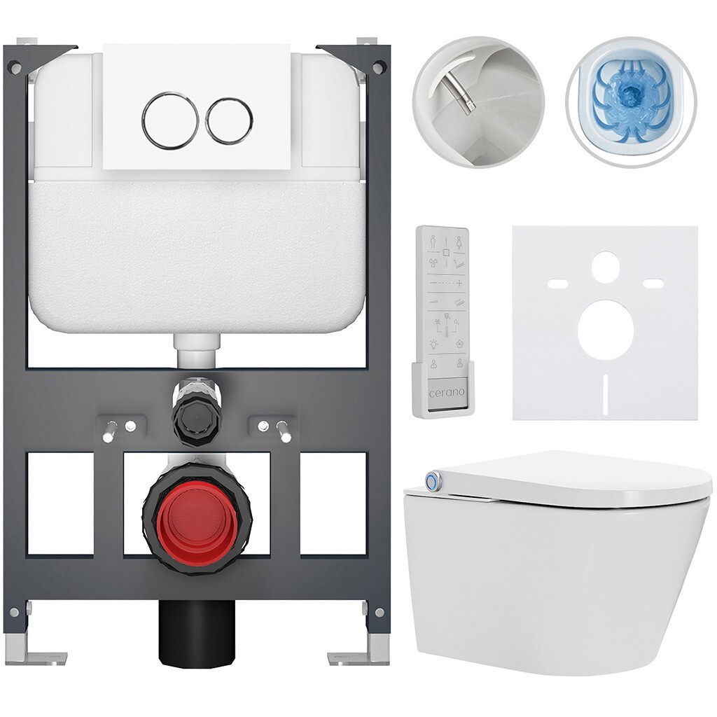 CERANO Závěsné WC s bidetem Basic/Cronus Premium bílá lesklá WC tlačítko Dualo/Bílá závěsné nízký modul předstěnová instalace 59,3x38,4 CER-8050BD86469