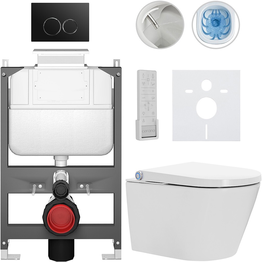 CERANO Závěsné WC s bidetem Basic/Cronus Premium bílá lesklá WC tlačítko Dualo/Černá ovládání shora předstěnová instalace 59,3x38,4 CER-8050BD86470