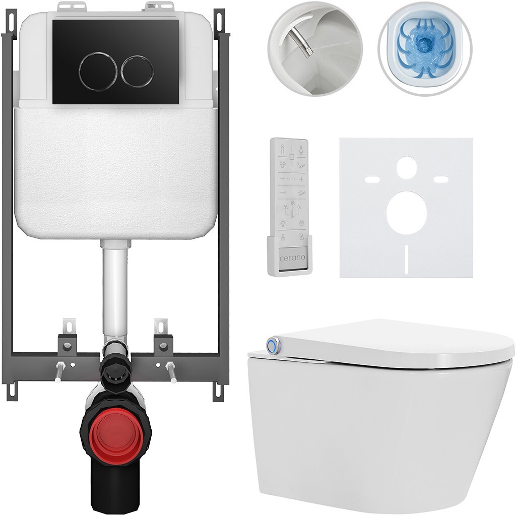 CERANO Závěsné WC s bidetem Basic/Cronus Premium bílá lesklá WC tlačítko Dualo/Černá pro zazdění 59,3x38,4 CER-8050BD86471