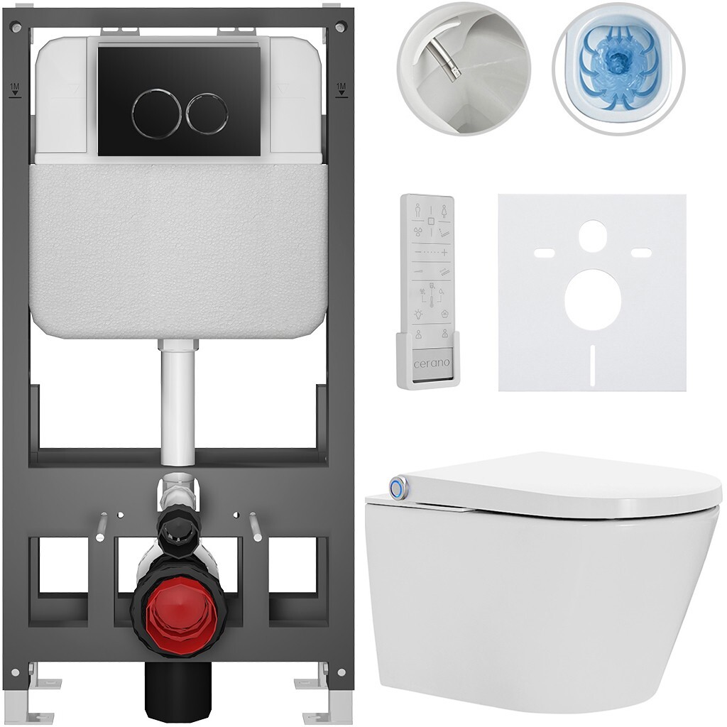 CERANO Závěsné WC s bidetem Basic/Cronus Premium bílá lesklá WC tlačítko Dualo/Černá volně stojící předstěnová instalace 59,3x38,4 CER-8050BD86472