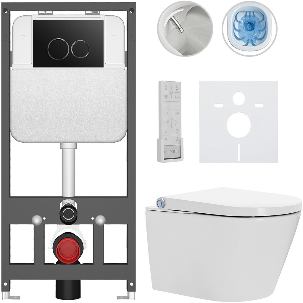 CERANO Závěsné WC s bidetem Basic/Cronus Premium bílá lesklá WC tlačítko Dualo/Černá závěsné předstěnová instalace 59,3x38,4 CER-8050BD86473