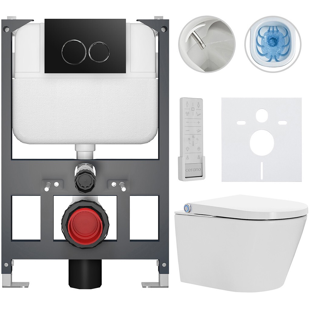CERANO Závěsné WC s bidetem Basic/Cronus Premium bílá lesklá WC tlačítko Dualo/Černá závěsné nízký modul předstěnová instalace 59,3x38,4 CER-8050BD86474