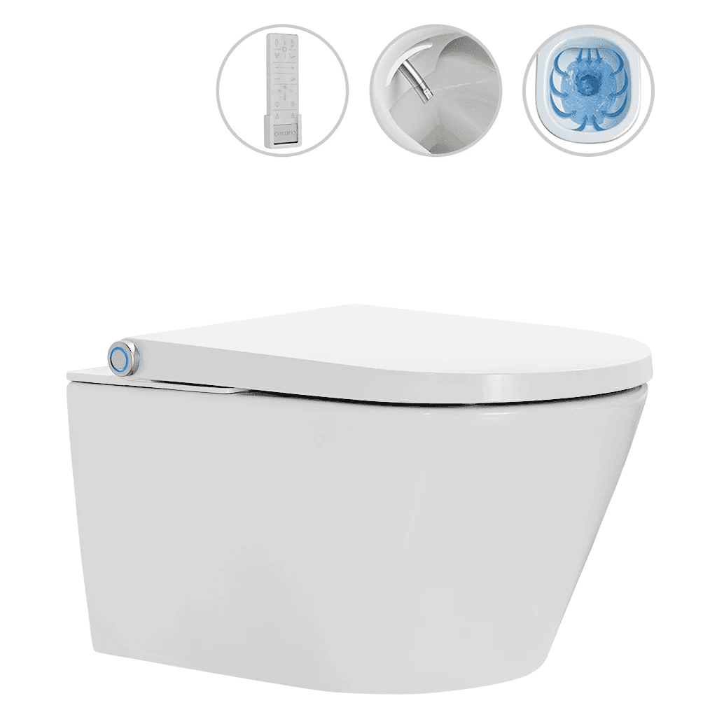 CERANO WC závěsné s integrovaným elektronickým bidetem Cronus Premium, Vortex Rimless 180° + SoftClose sedátko bílá lesklá 59,3x38,4 CER-545638