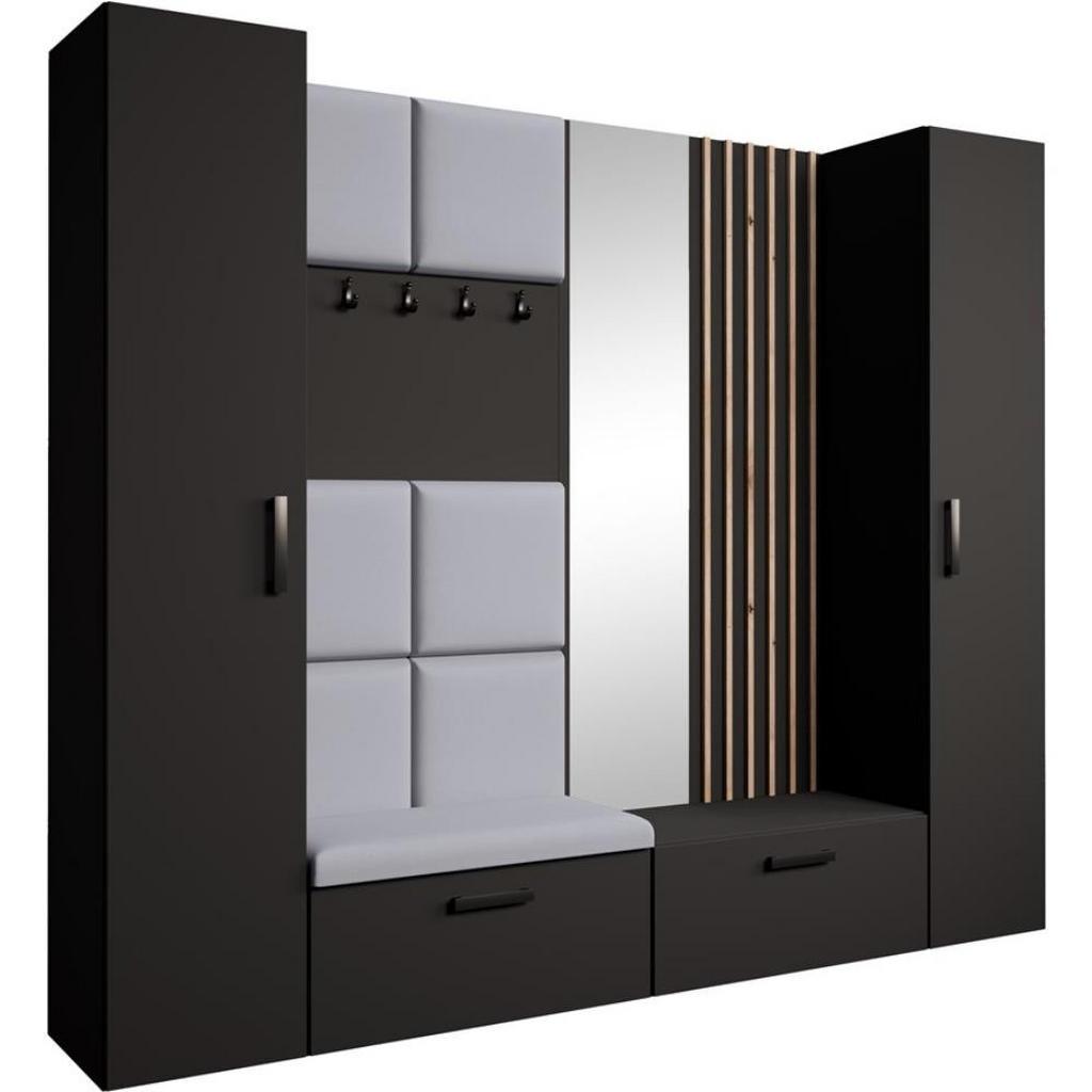 Beautysofa PŘEDSÍŇOVÁ sestava Margaret XL 242/203/43 s čalouněnými panely / lamelami / zrcadlem, černá
