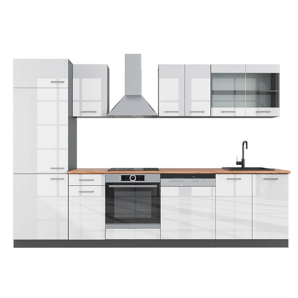 Vicco KUCHYŇSKÝ KOUT R-Line Bílý vysoký lesk/antracit 300 cm , PD Dub