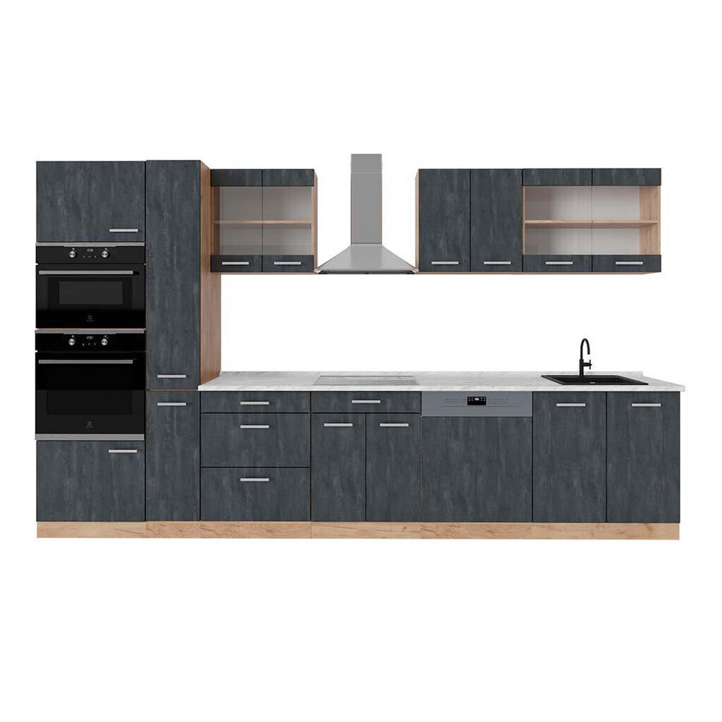 Vicco KOMPLETNÍ KUCHYNĚ R-Line Černý beton/zlatý dub 350 cm , PD Mramor