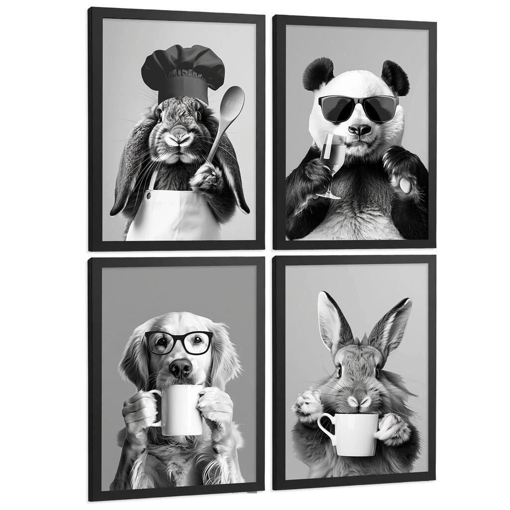 Nacnic PLAKAT Sada 4 Funny Animals byn A3 Černý rám