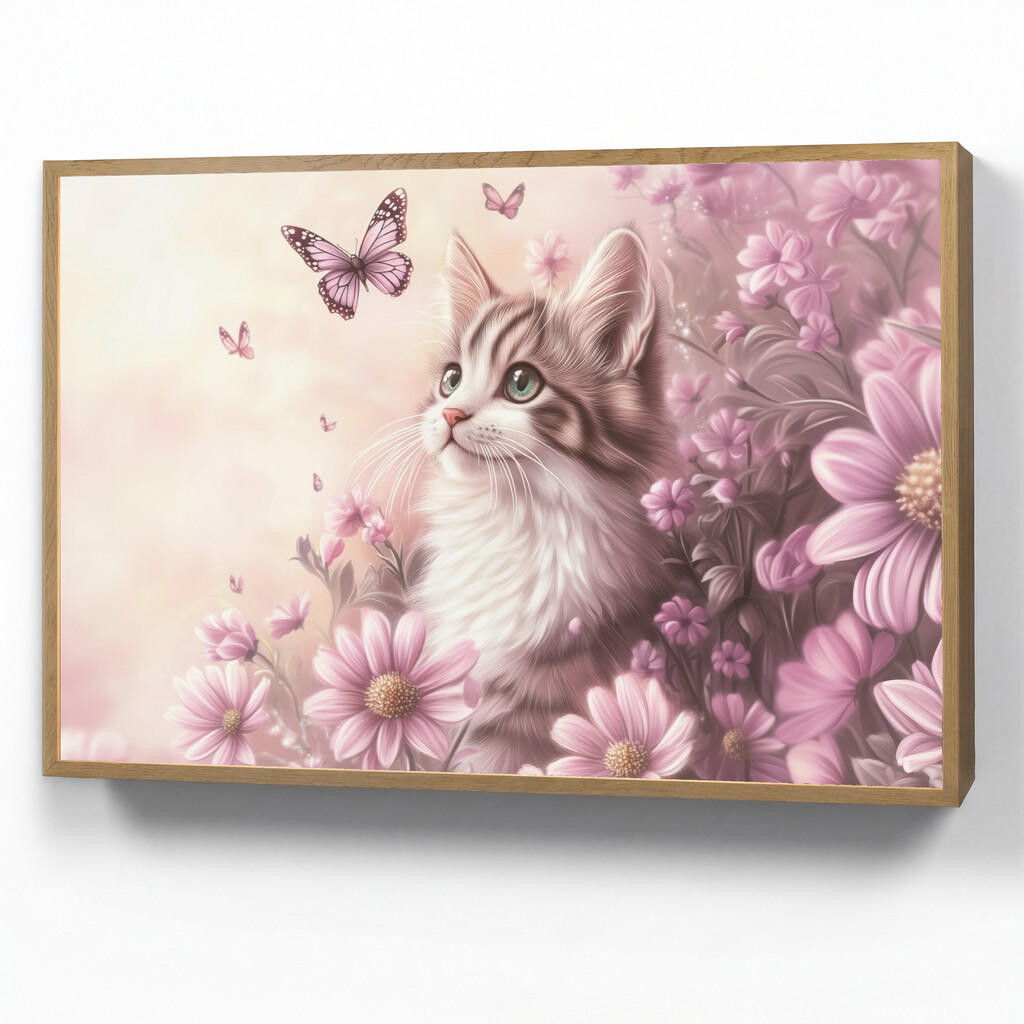 OnlyWow NÁSTĚNNÁ LAMPA S AKUMULÁTOREM Koťátko - Květiny - Motýli - Fialová 100x70 cm