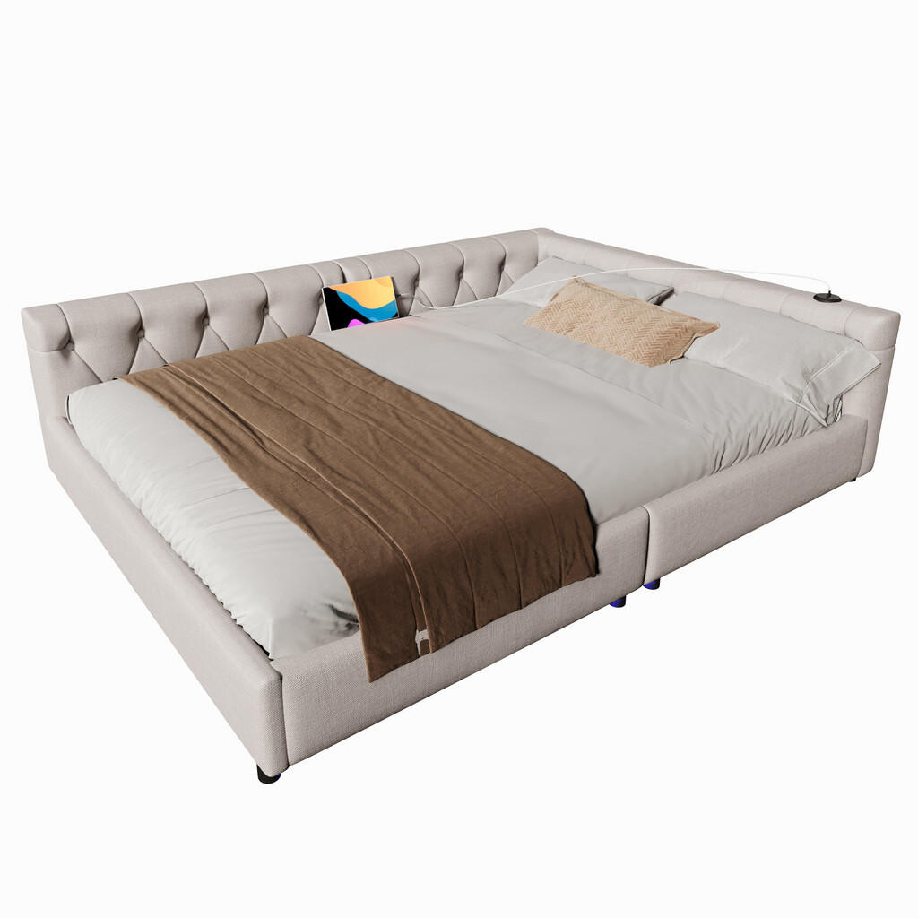 OKWISH POHOVKA na spaní 140/200 cm béžová z lnu a MDF s LED osvětlením a USB/Type-C