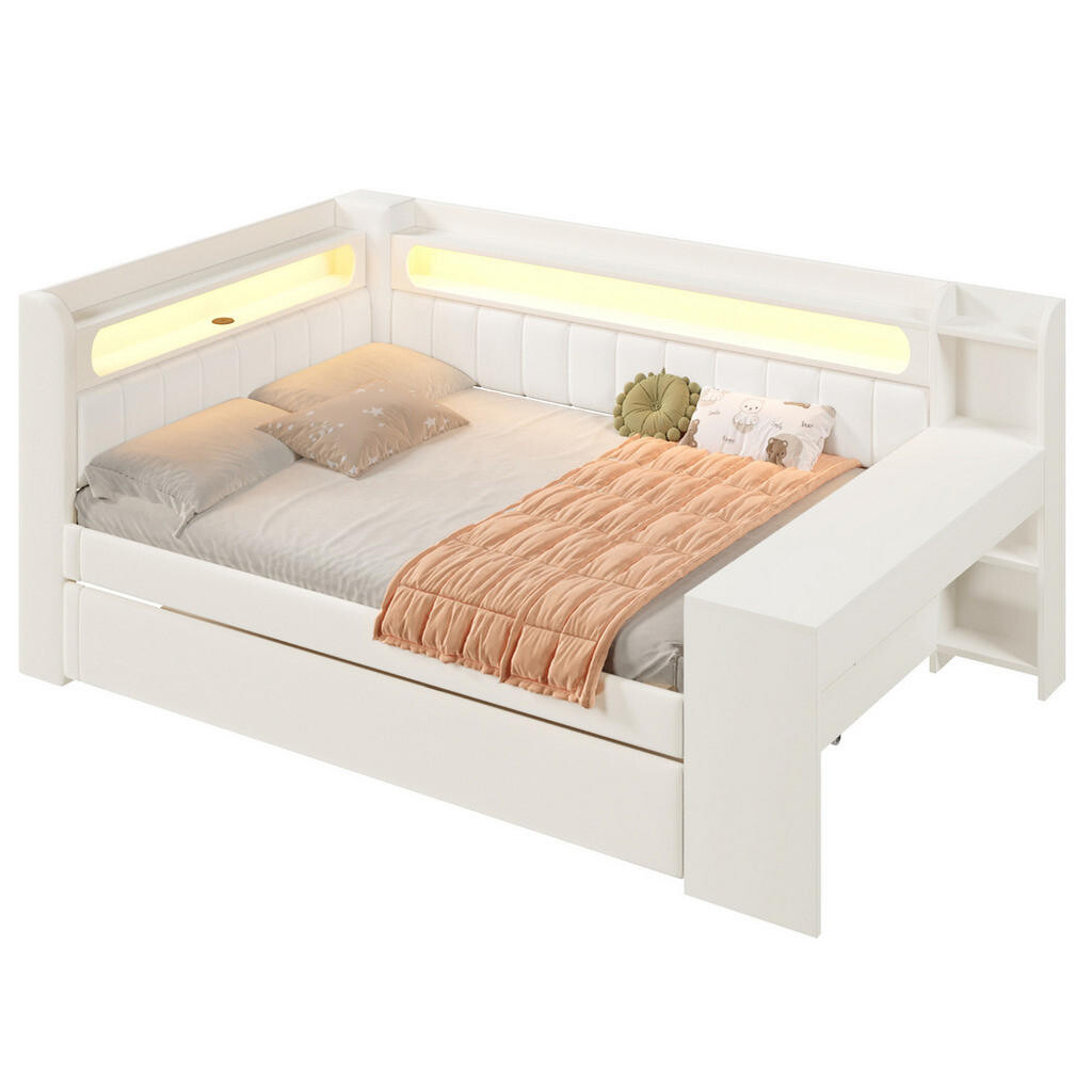 OKWISH ČALOUNĚNÁ postel 140/200 cm bílá z MDF a překližky s LED, USB, výsuvným lůžkem a stolem