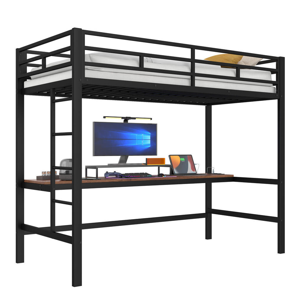 OKWISH VYSOKÁ postel 90/200 cm černá s psacím stolem LED osvětlením a nabíjením z kovu a MDF