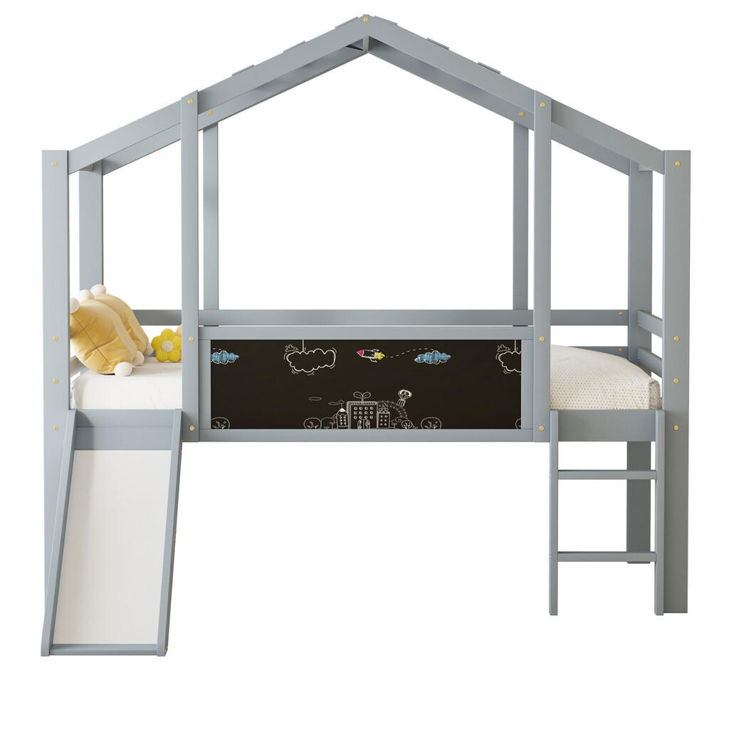 OKWISH DĚTSKÁ postel 90/200 cm, půdní provedení se skluzavkou a tabulí, vyrobená z masivního dřeva, šedá