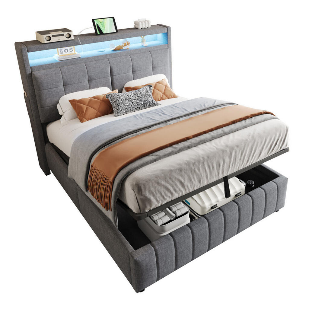 OKWISH ČALOUNĚNÁ postel 140/200 cm šedá z lněné tkaniny s LED, USB a hydraulickým úložným prostorem