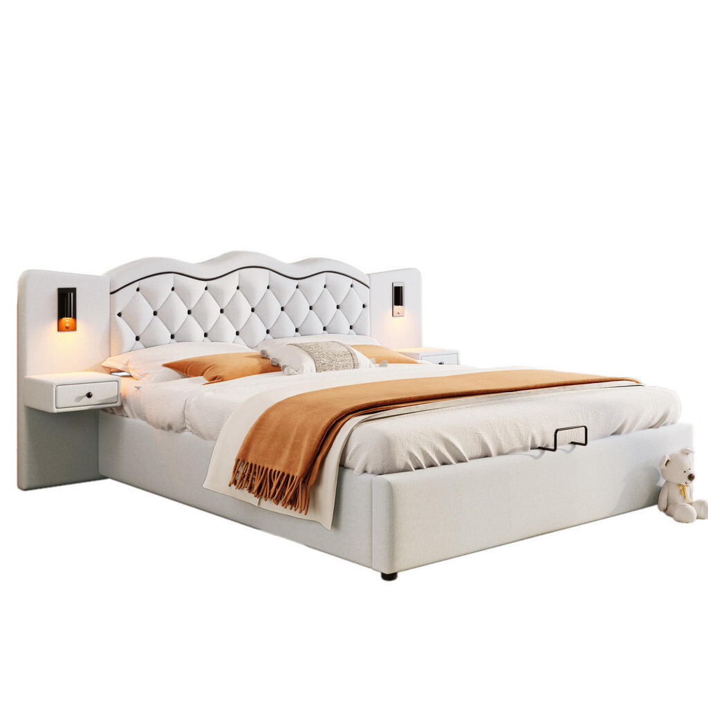 OKWISH ČALOUNĚNÁ postel 180/200 cm béžová z lnu a MDF s úložným prostorem, USB a osvětlením