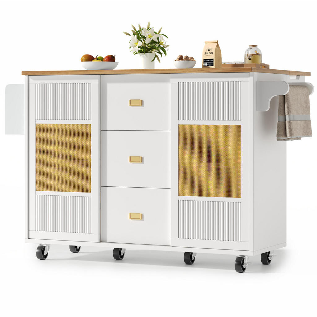 OKWISH KUCHYŇSKÝ ostrůvek 146,85/70/90 cm bílý z MDF a kovu s výklopnou deskou a kolečky