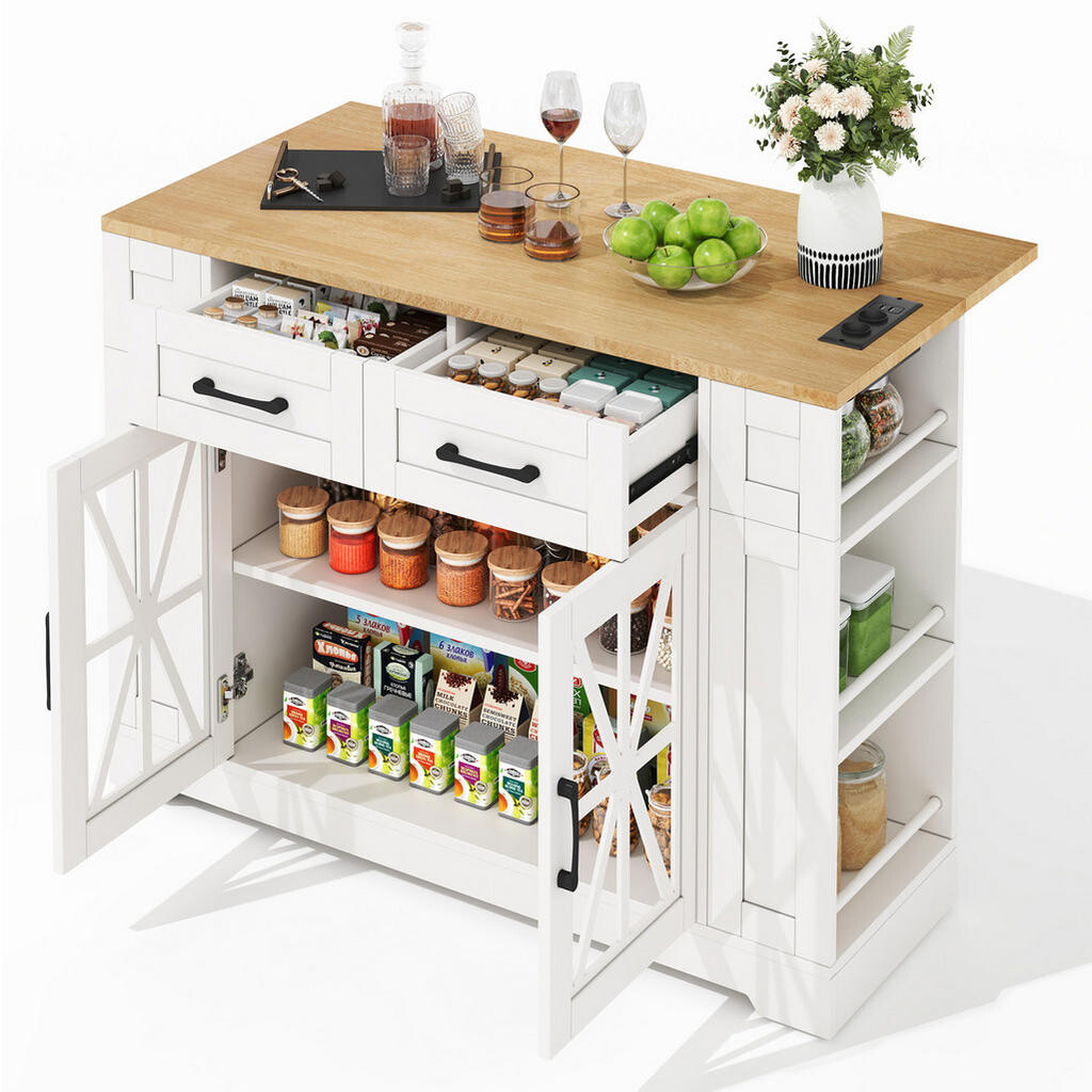 OKWISH KUCHYŇSKÝ ostrůvek 120/40(65)/92 cm bílá a přírodní z MDF s výsuvnou deskou, zásuvkami a kolečky