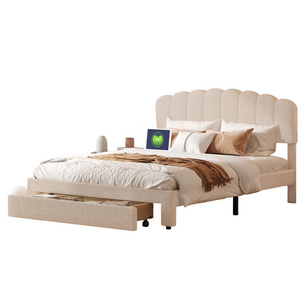 SHOPENTRA ČALOUNĚNÁ postel 160x200 cm Béžová USB Ovčí vlna Úložný prostor