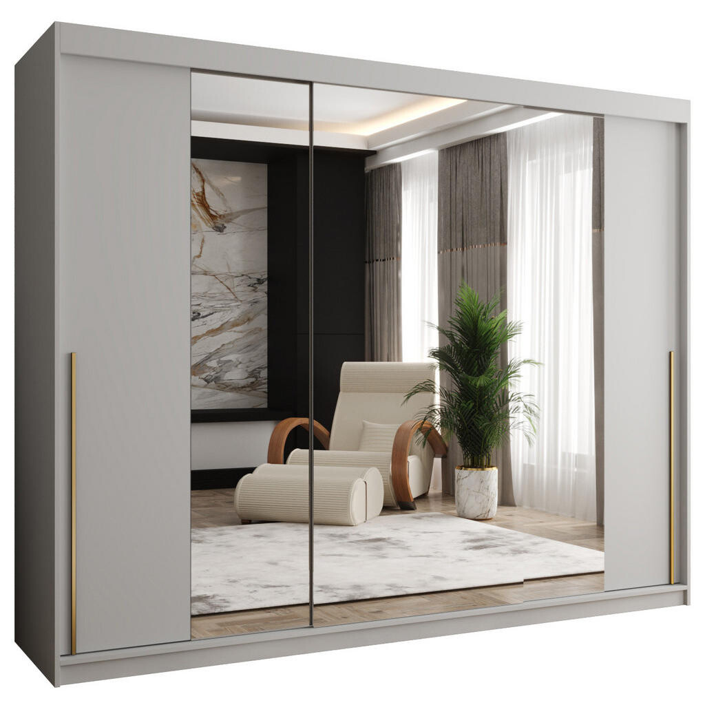 Home Collective SKŘÍŇ S POSUVNÝMI DVEŘMI se zrcadlem, šířka 250 cm, bílá se zlatým úchytem