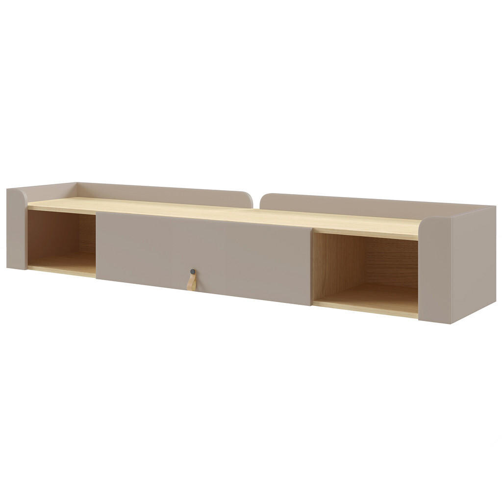 Beautysofa NÁSTĚNNÝ REGÁL Sorella s výklopnými dvířky a 2 otevřenými policemi, 180 cm, porcini + dub Mavelie